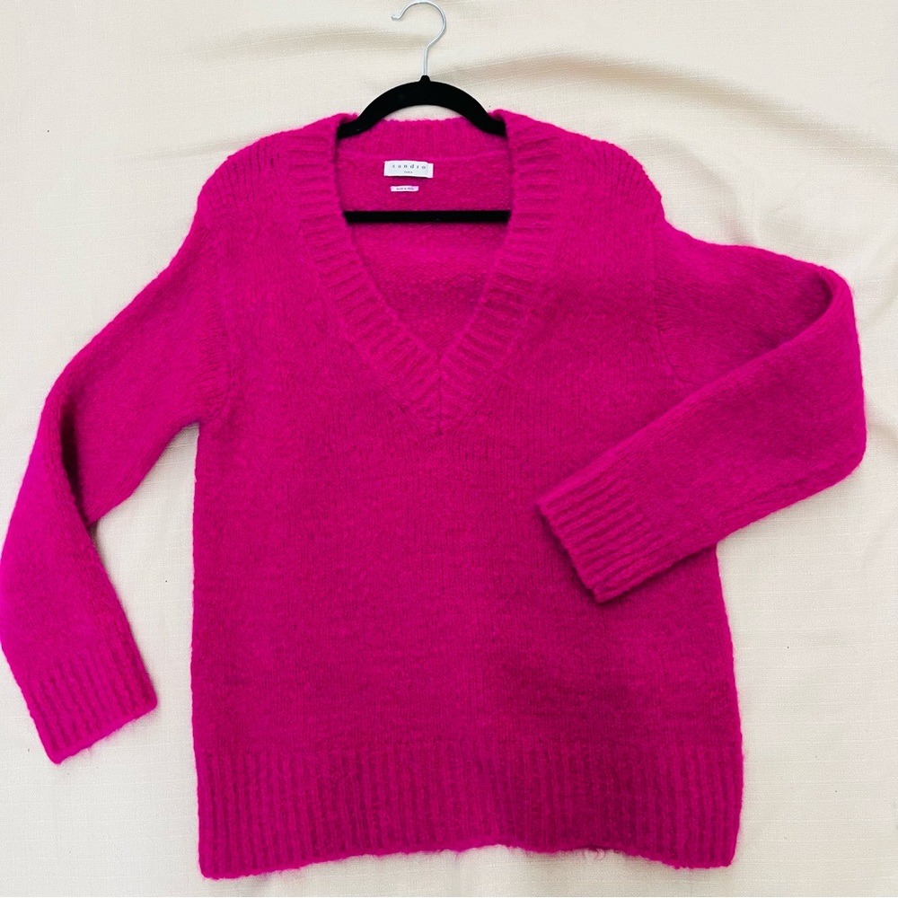 Sandro Pink Fuchsia wool alpaca v neck sweater size small 1